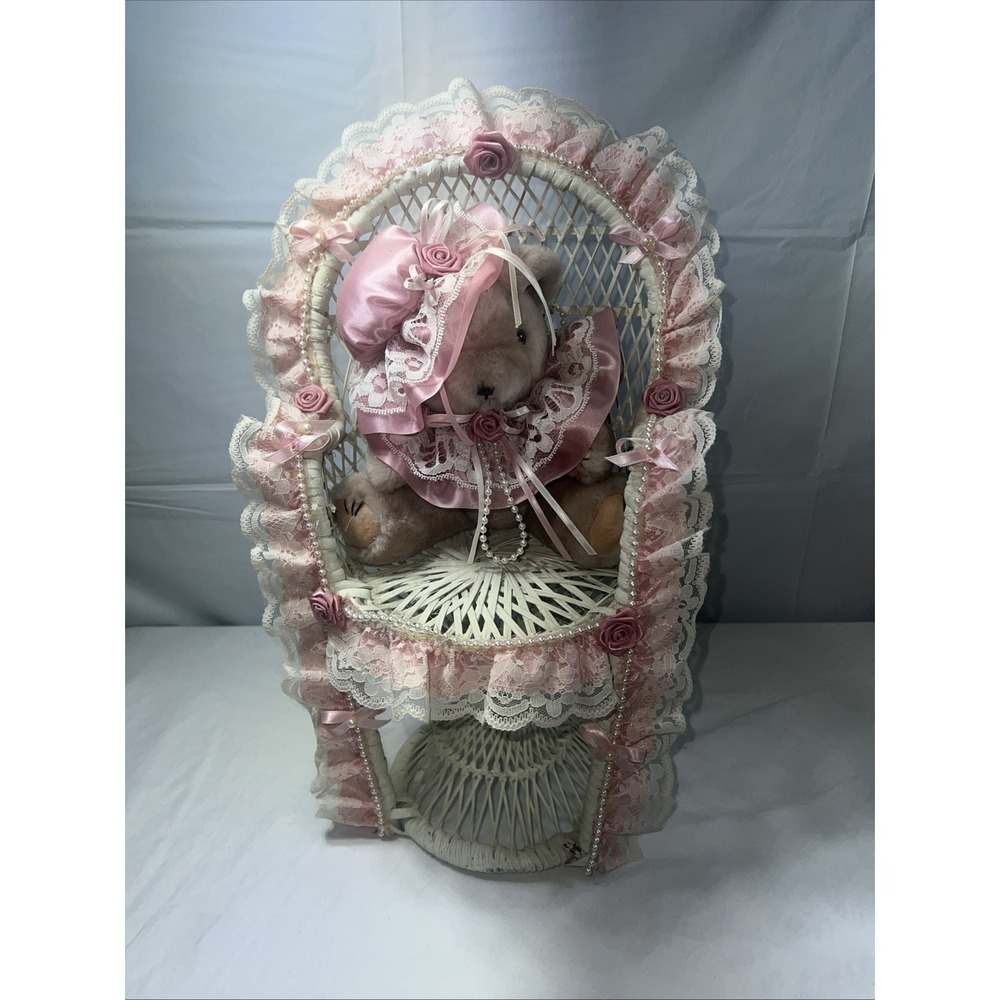 Vintage Pink & White Ribbon Teddy Bear Wicker Peacock Chair 15.5 inches Roses